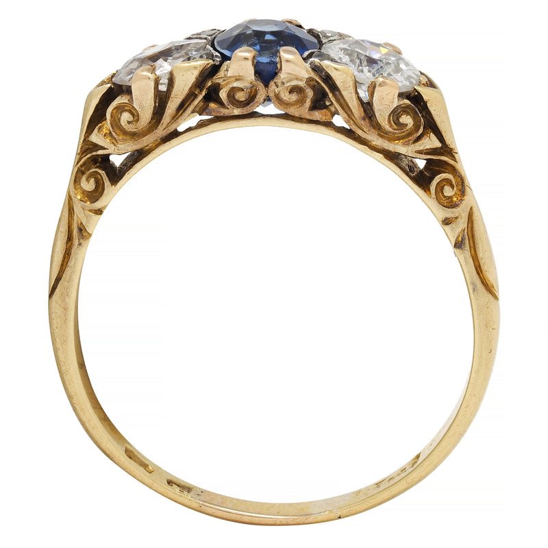 Victorian 3.70 CTW Sapphire Diamond 18 Karat Gold Antique Three Stone Ring