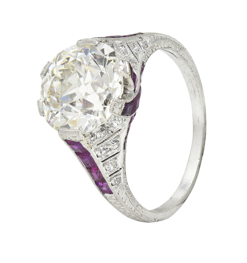 Art Deco 6.43 CTW Old European Diamond Ruby Platinum X Engagement Ring GIA