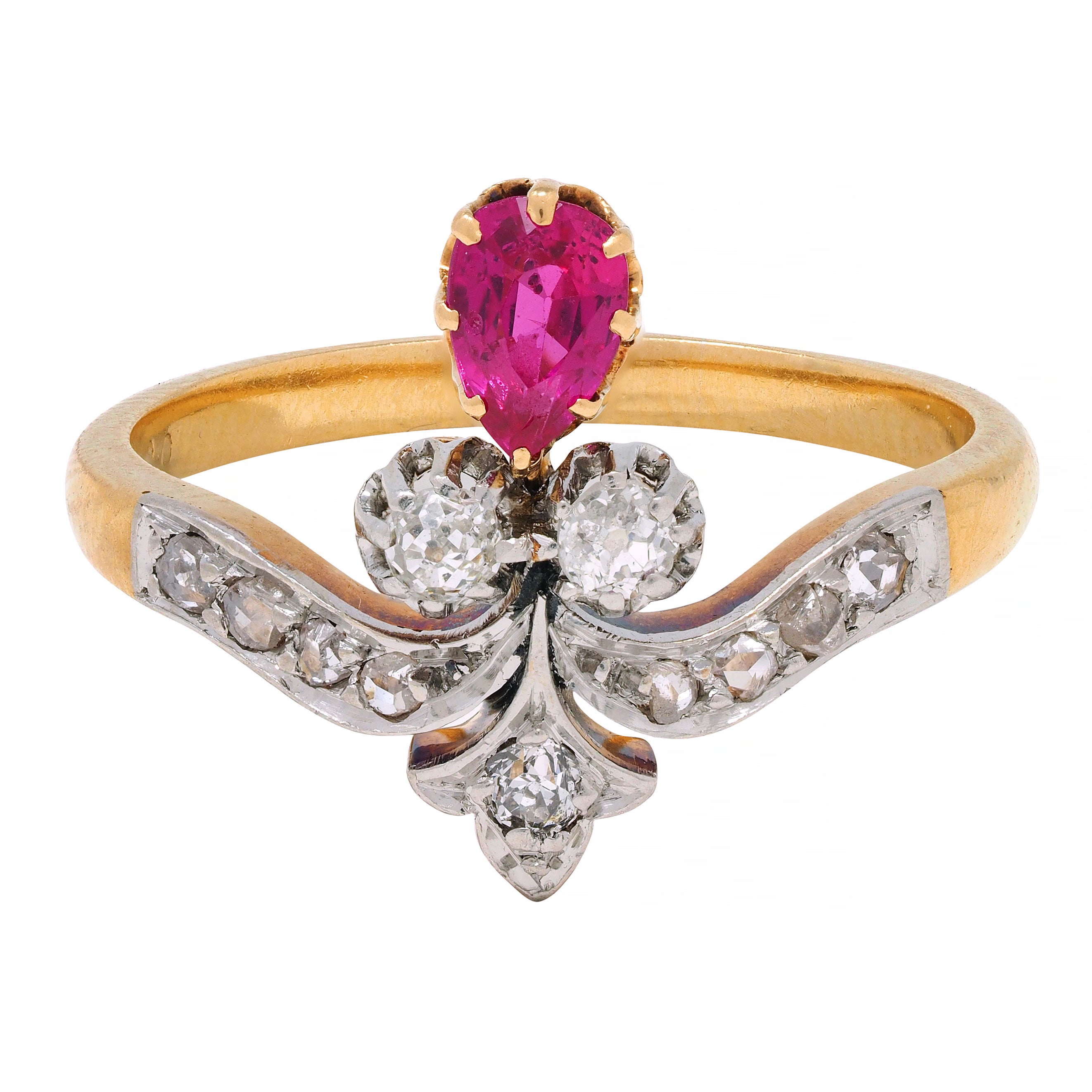 French Victorian 0.65 Ruby Diamond Platinum 18 Karat Gold Fleur-De-Lis Ring
