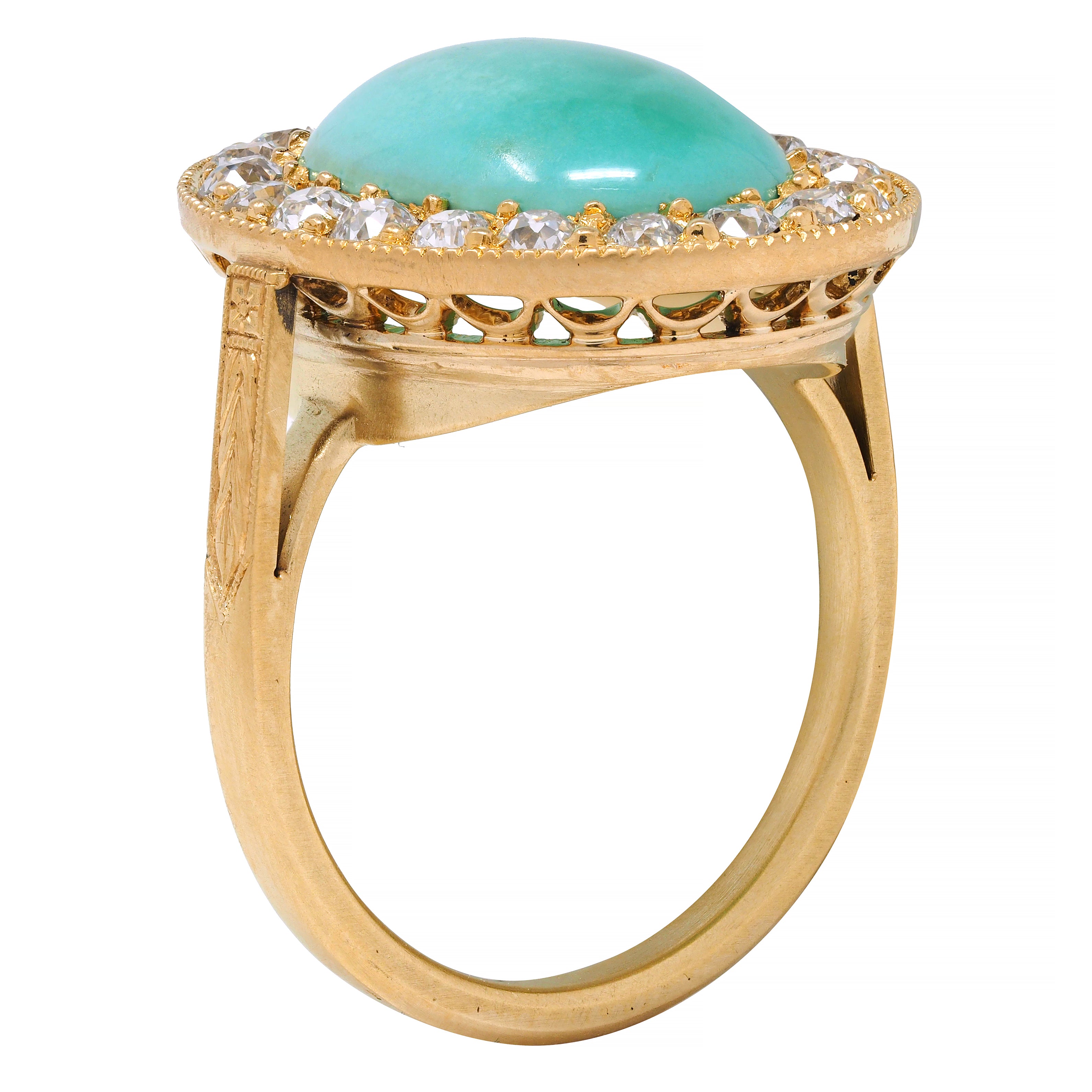 Art Deco Diamond Turquoise Cabochon 14 Karat Gold Vintage Cluster Halo Ring