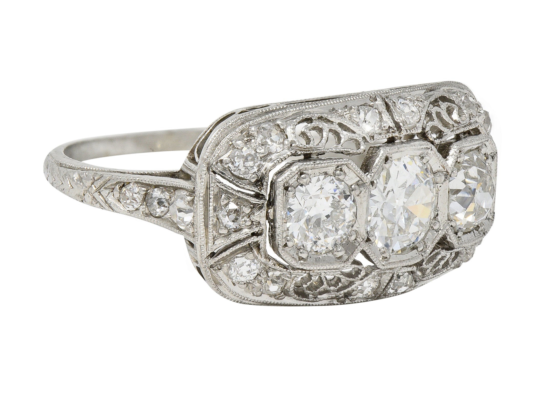 Art Deco 1.32 CTW Diamond Platinum Filigree Vintage Three Stone Ring