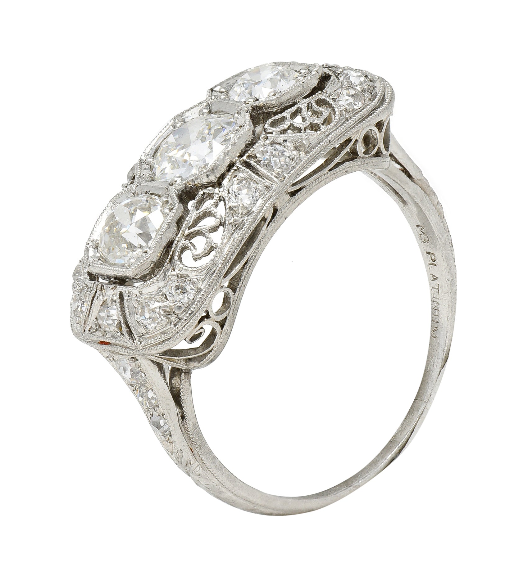 Art Deco 1.32 CTW Diamond Platinum Filigree Vintage Three Stone Ring