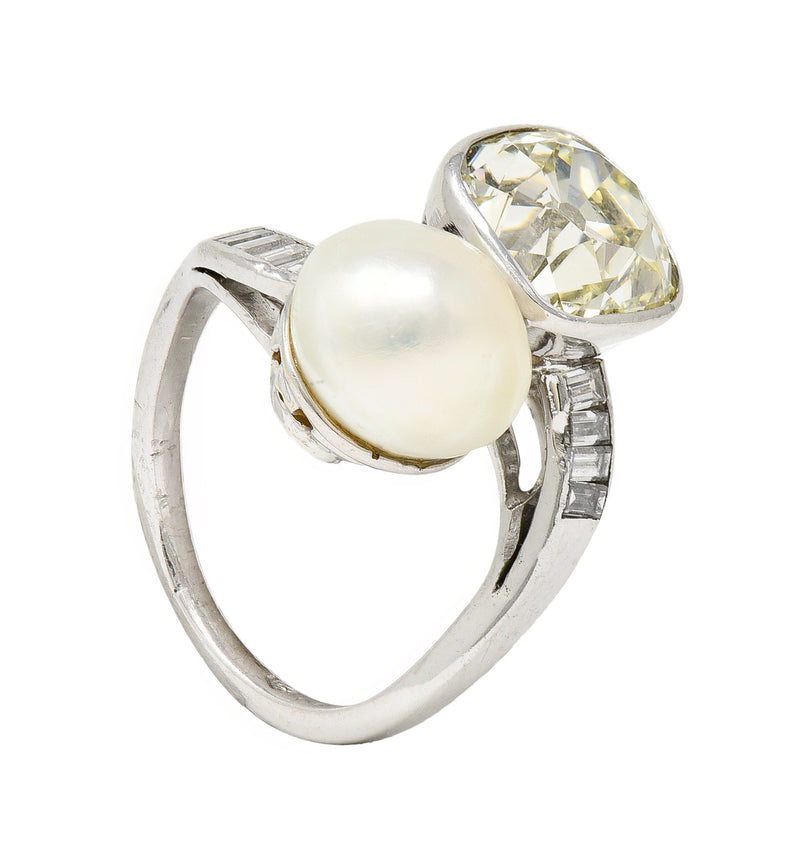 Mid-Century 3.52 CTW Diamond Pinctada Pearl Platinum Toi-Et-Moi Vintage Ring GIA