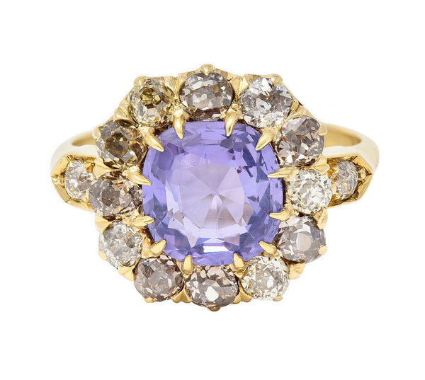 Victorian 3.56 CTW No Heat Purple Sapphire Diamond 18 Karat Gold Ring GIA