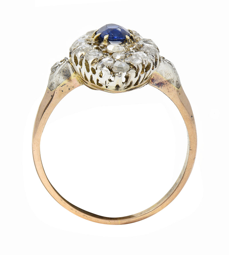 Victorian 1.84 CTW Sapphire Diamond 18 Karat Gold Silver Antique Cluster Ring