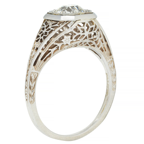 Art Deco 0.90 CTW Old European Cut Diamond Floral Vintage Engagement Ring