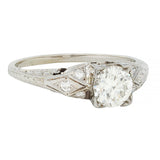 Art Deco European Diamond 18 Karat White Gold Square Form Scroll Engagement Ring