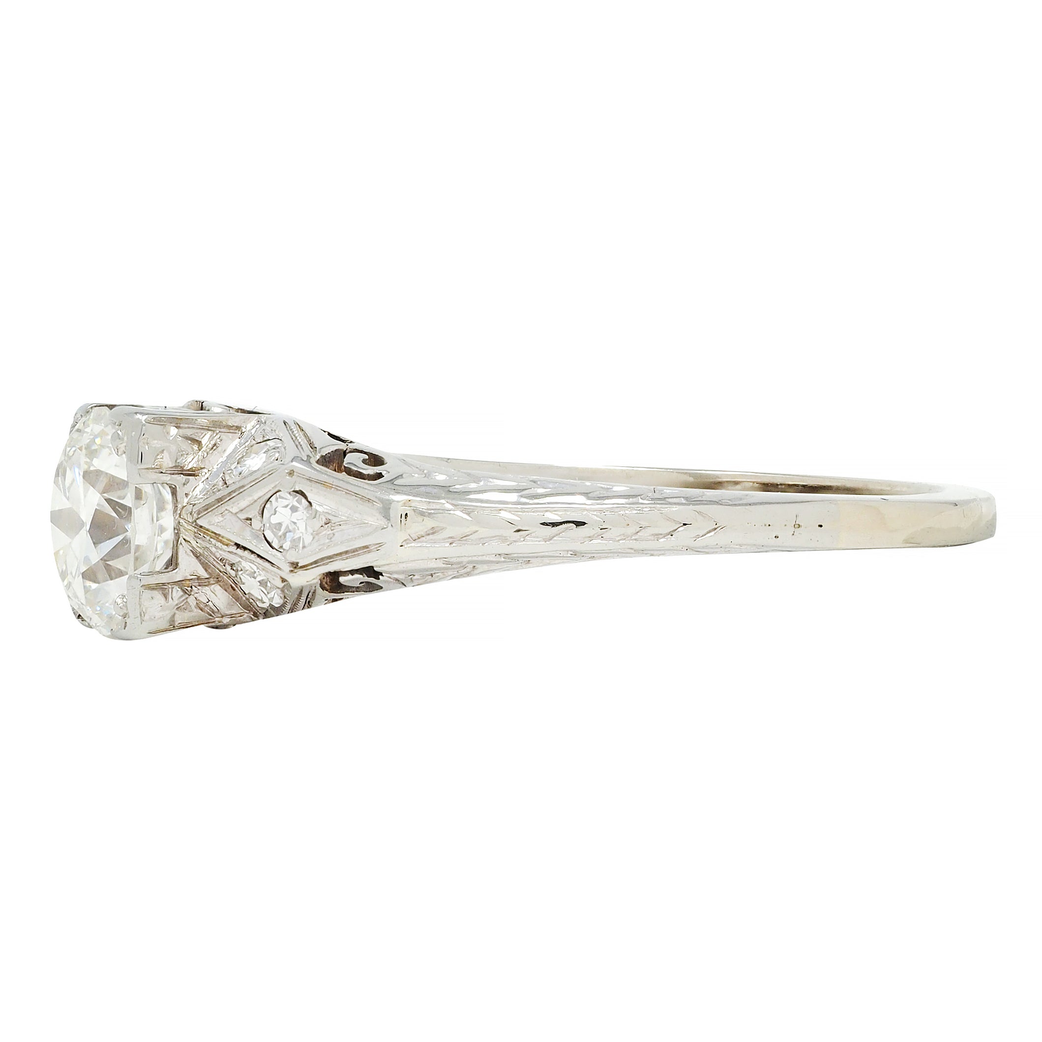 Art Deco European Diamond 18 Karat White Gold Square Form Scroll Engagement Ring