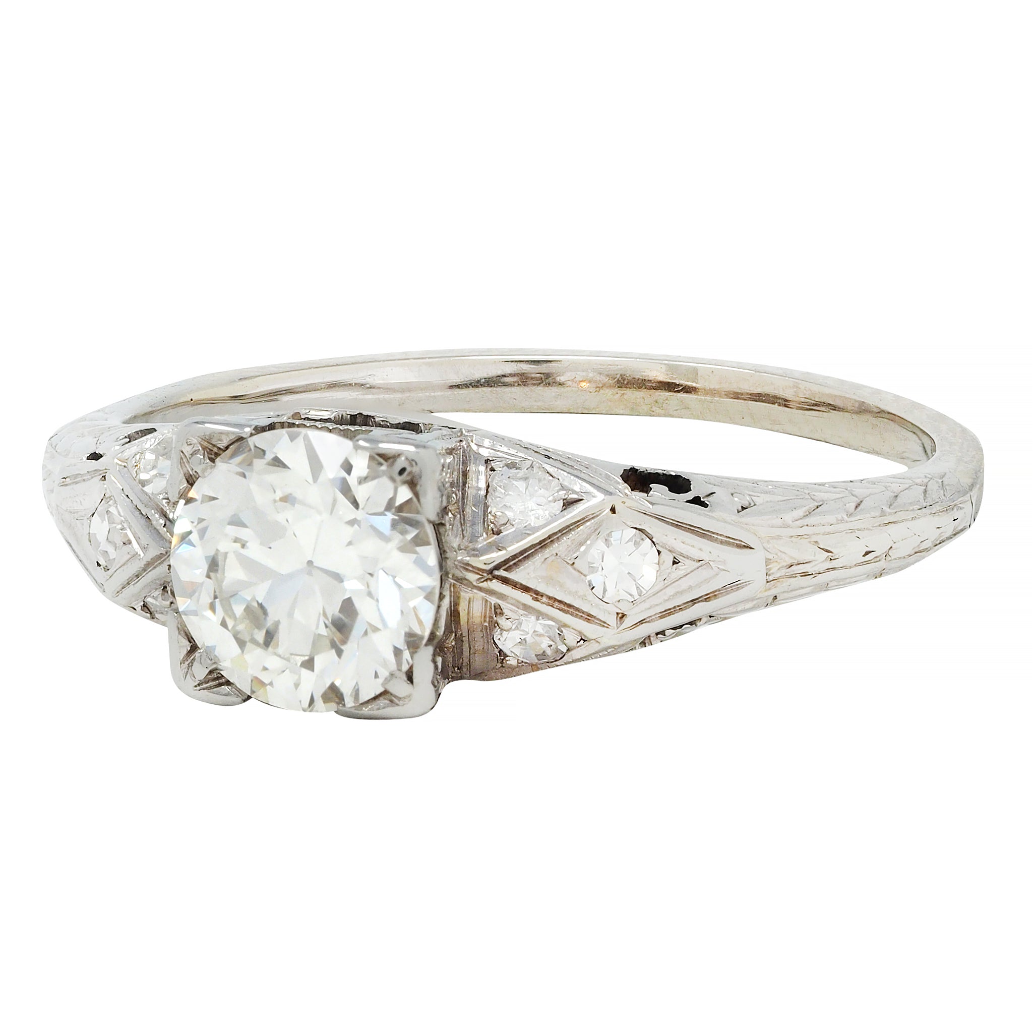 Art Deco European Diamond 18 Karat White Gold Square Form Scroll Engagement Ring
