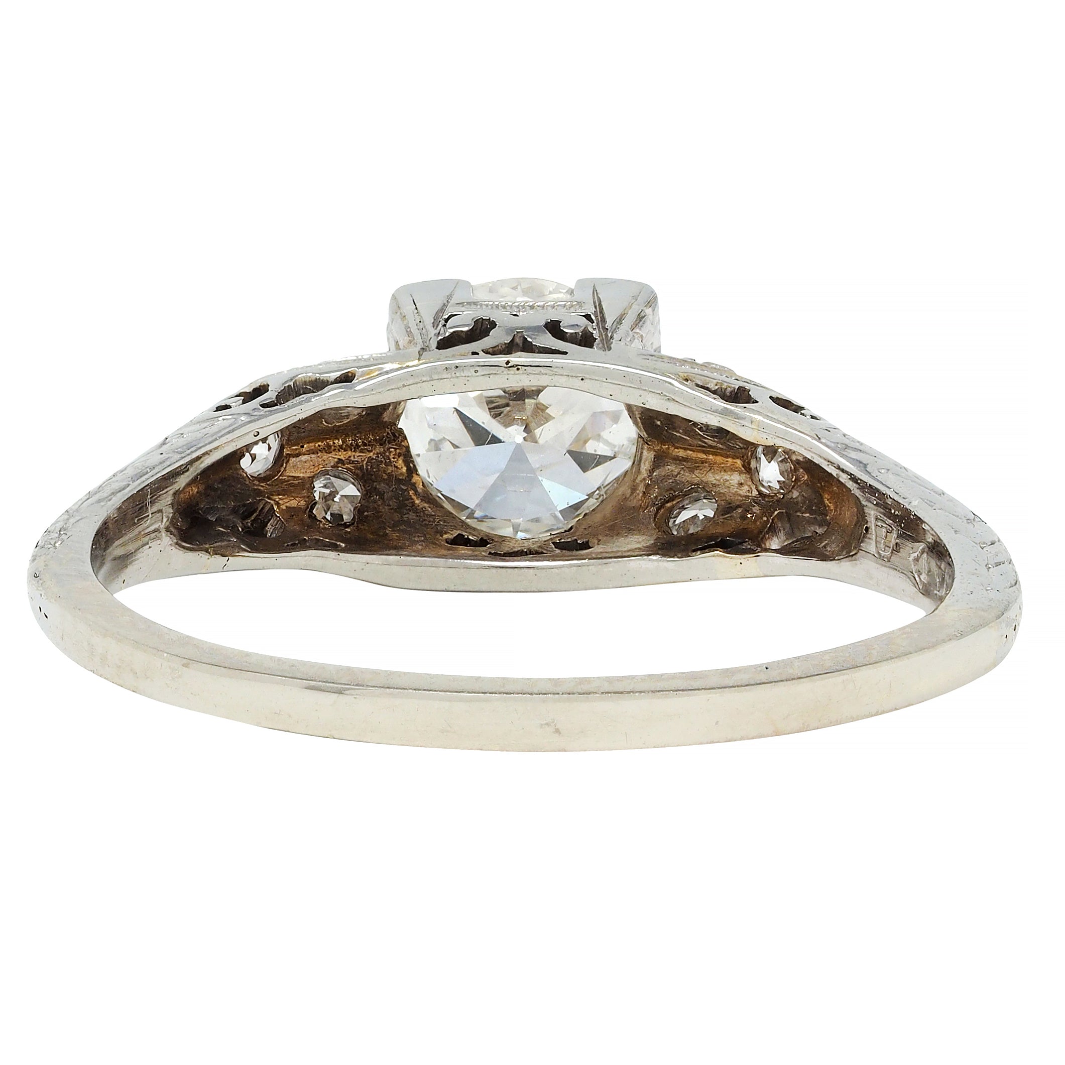 Art Deco European Diamond 18 Karat White Gold Square Form Scroll Engagement Ring