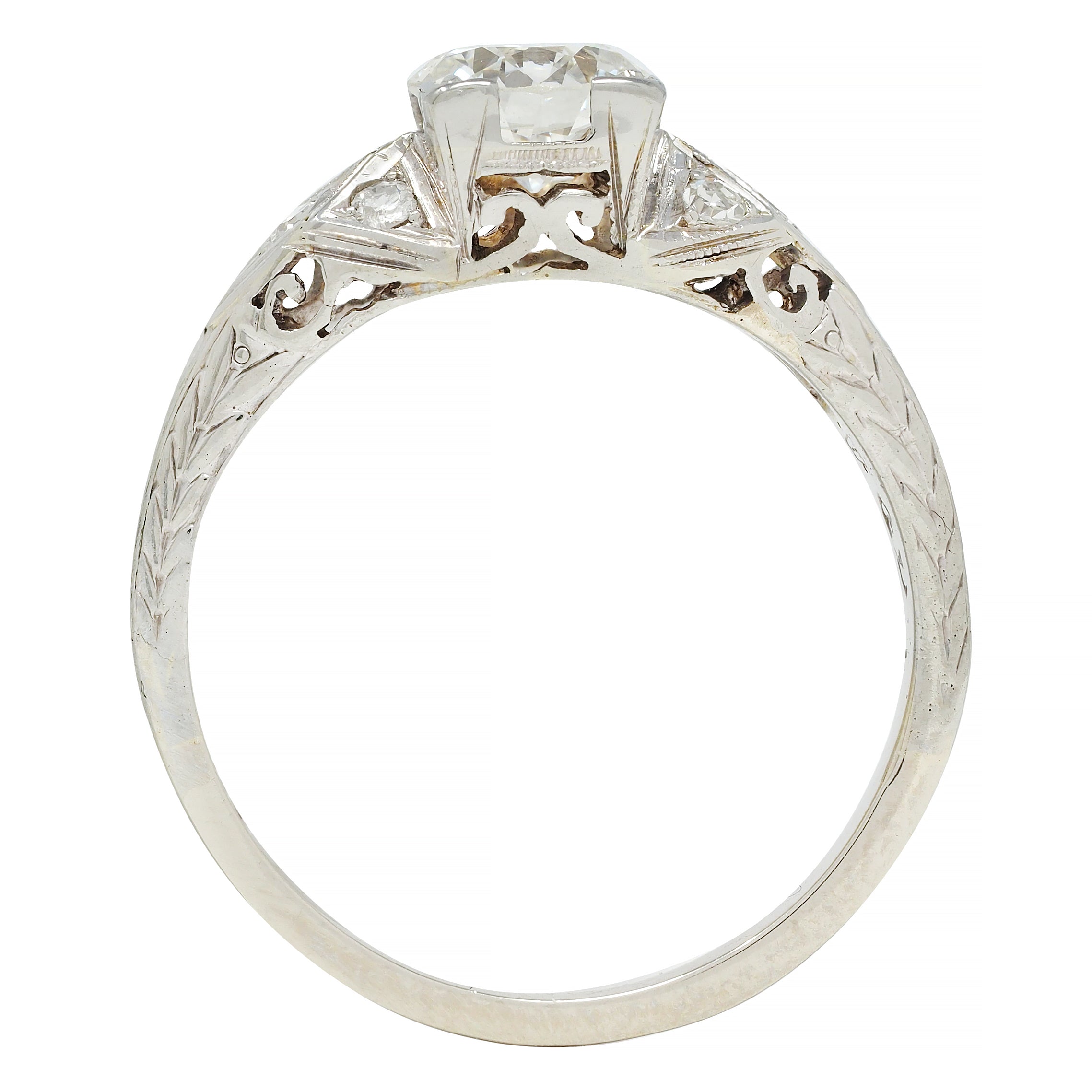 Art Deco European Diamond 18 Karat White Gold Square Form Scroll Engagement Ring