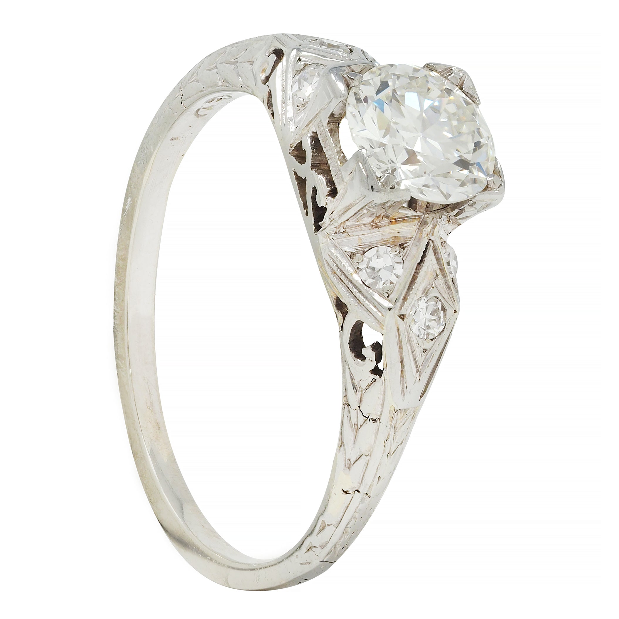 Art Deco European Diamond 18 Karat White Gold Square Form Scroll Engagement Ring