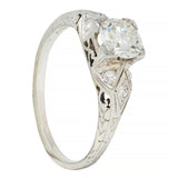 Art Deco European Diamond 18 Karat White Gold Square Form Scroll Engagement Ring
