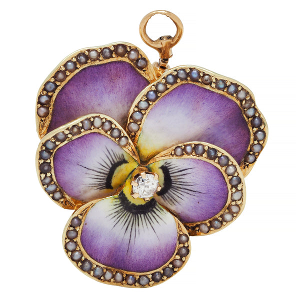 Art Nouveau Diamond Pearl Enamel 14 Karat Gold Pansy Antique Pendant Brooch