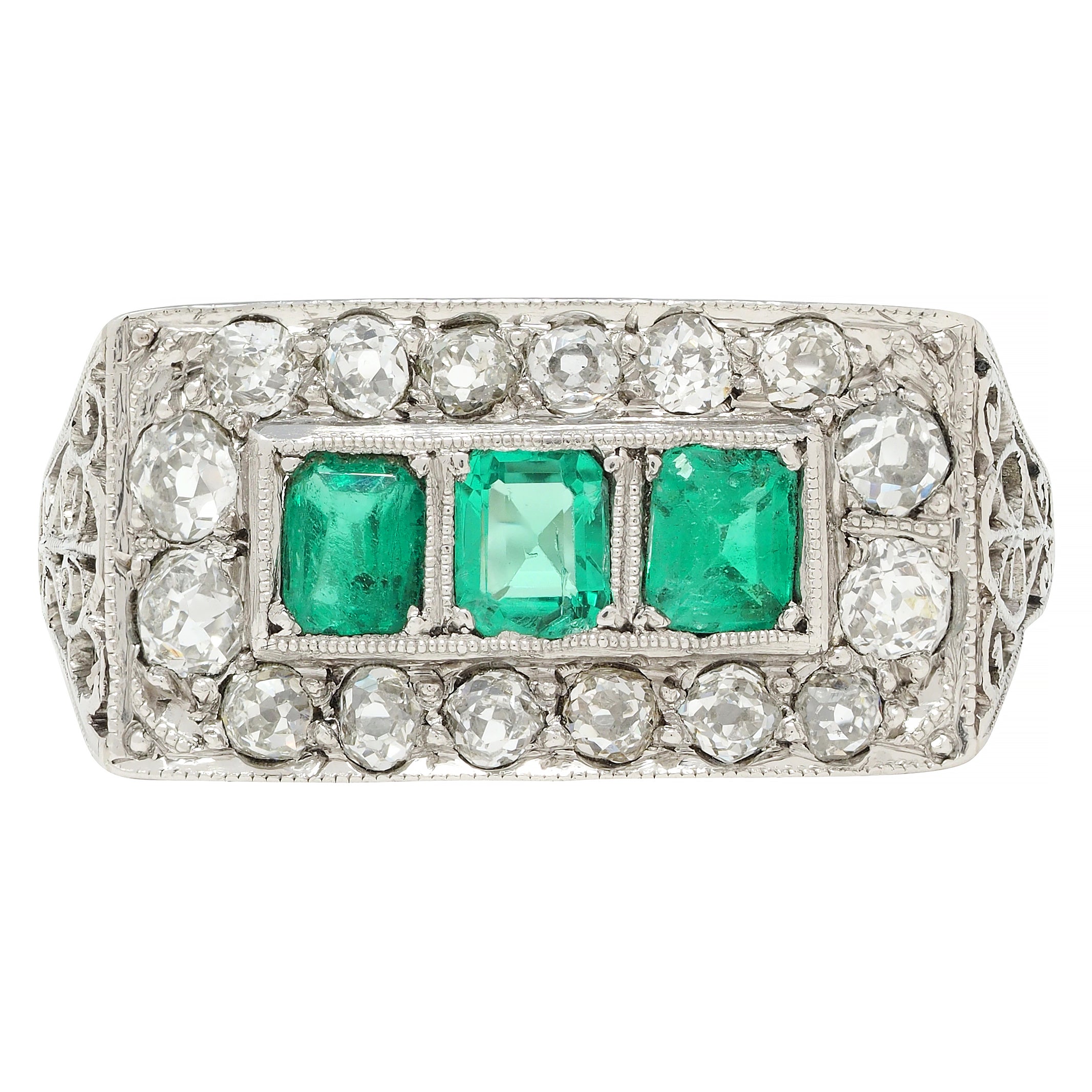 Art Deco 1.27 CTW Emerald Diamond Platinum Scrolling Antique Band Ring