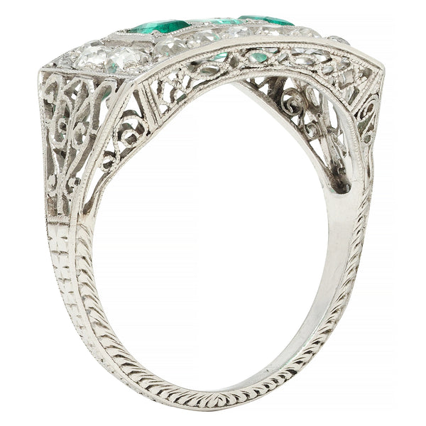 Art Deco 1.27 CTW Emerald Diamond Platinum Scrolling Antique Band Ring