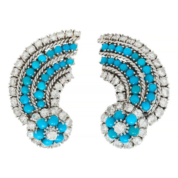 Mid-Century 4.24 CTW Diamond Turquoise 18 Karat Gold Star Ear-Clip Earrings