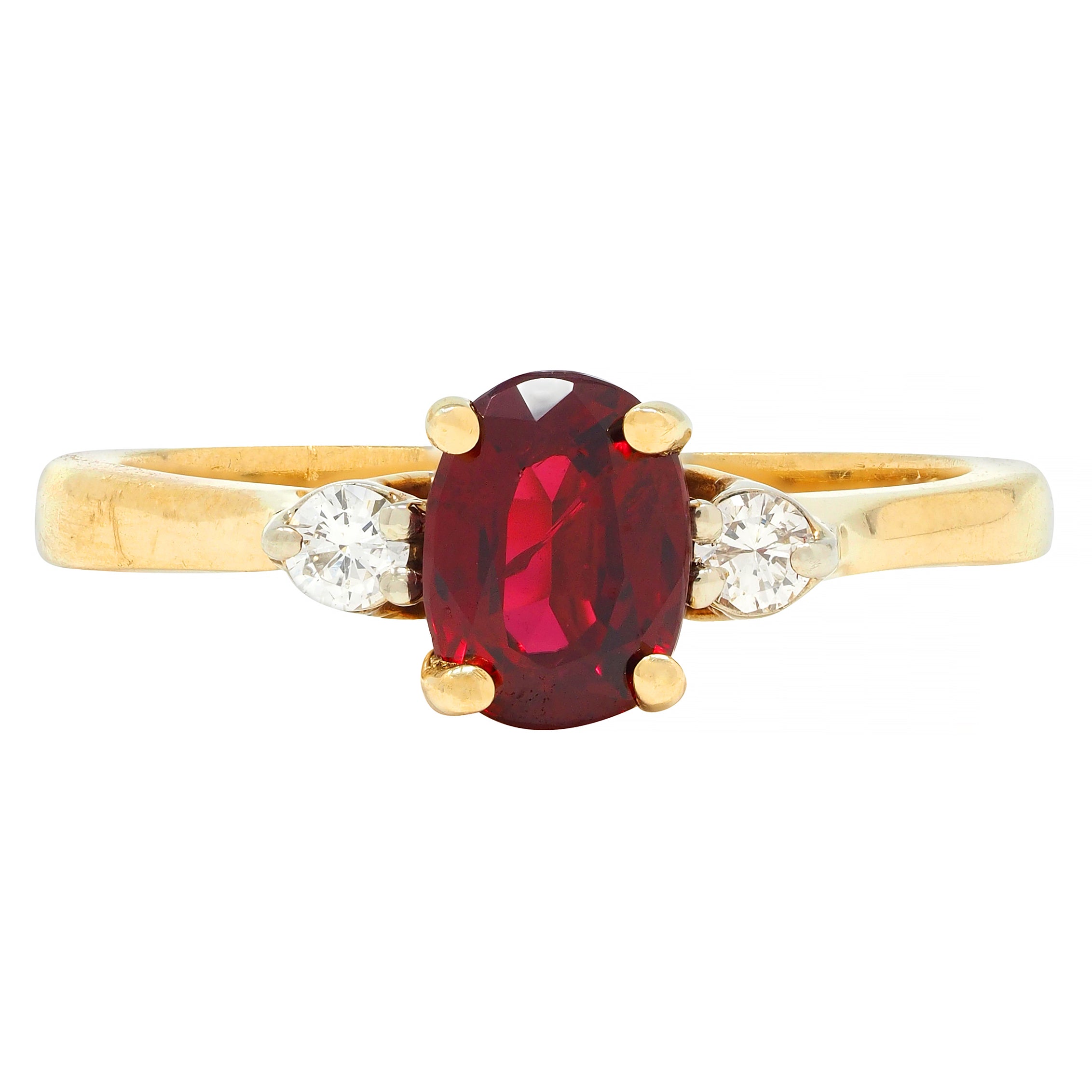 1990's 0.98 CTW Ruby Diamond 18 Karat Yellow Gold Three Stone Vintage Ring