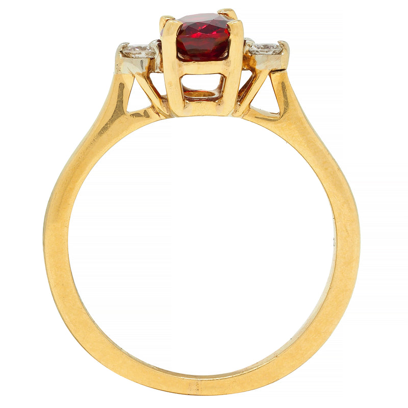 1990's 0.98 CTW Ruby Diamond 18 Karat Yellow Gold Three Stone Vintage Ring