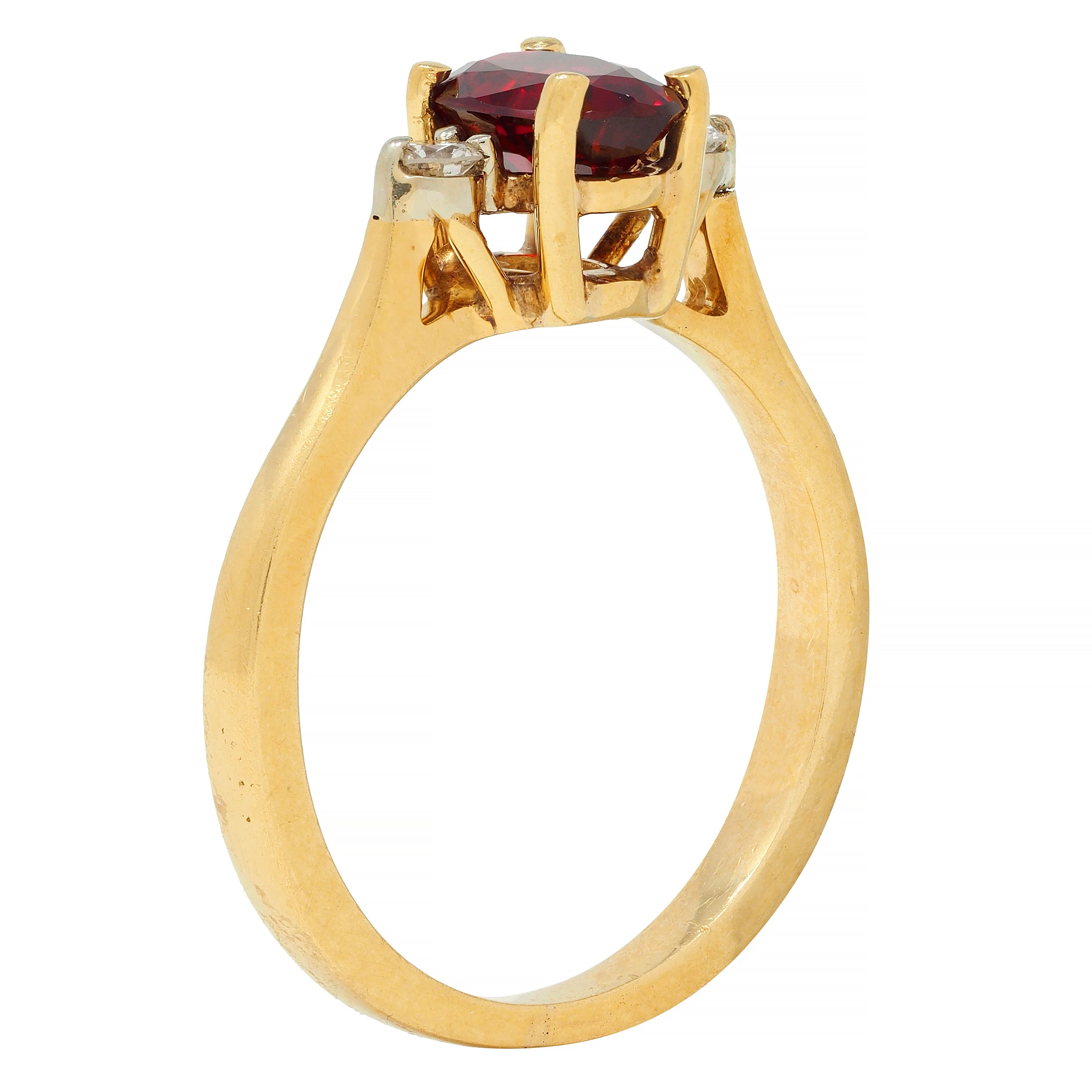 1990's 0.98 CTW Ruby Diamond 18 Karat Yellow Gold Three Stone Vintage Ring