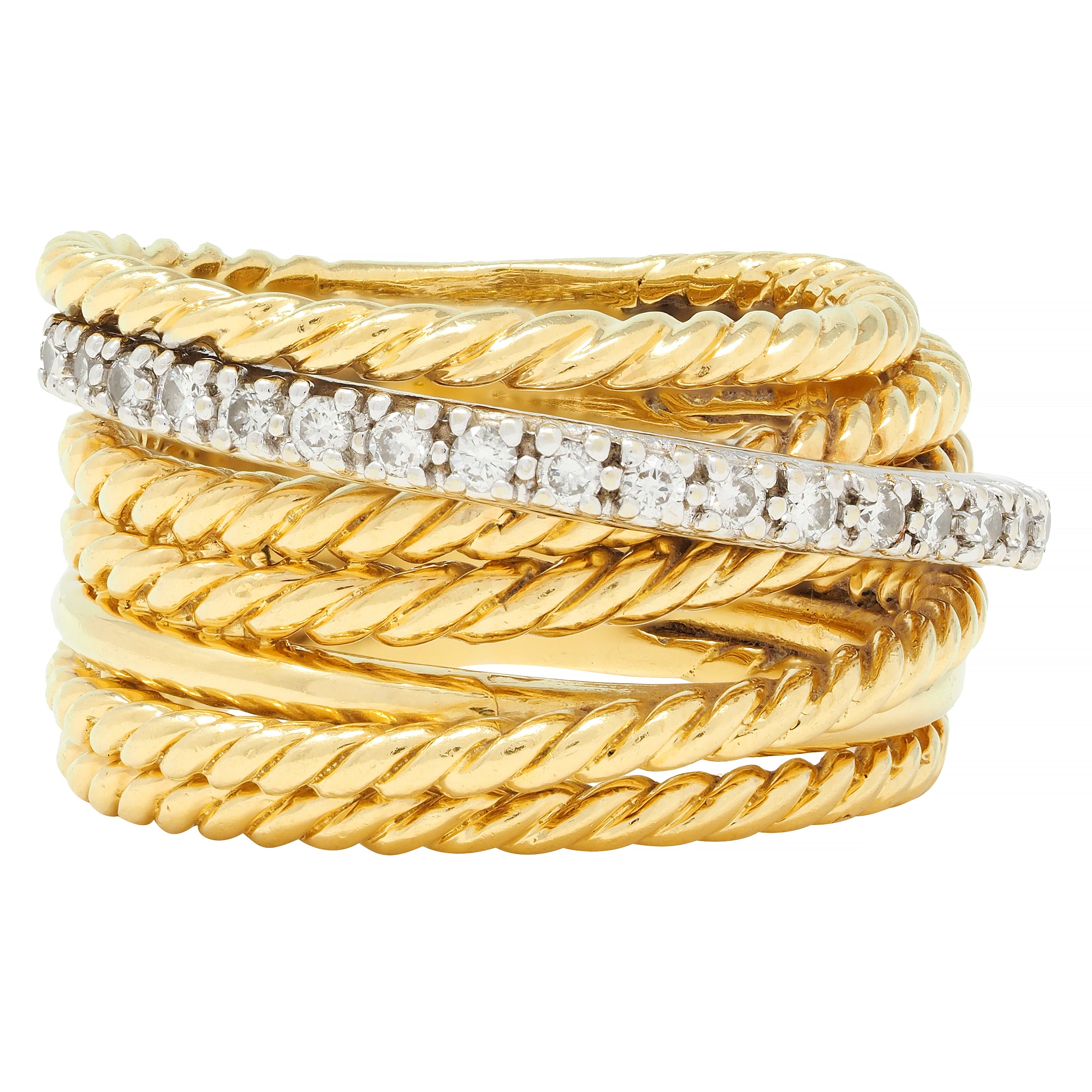 David Yurman Contemporary Diamond 18 Karat Gold Crossover Wide Band Ring