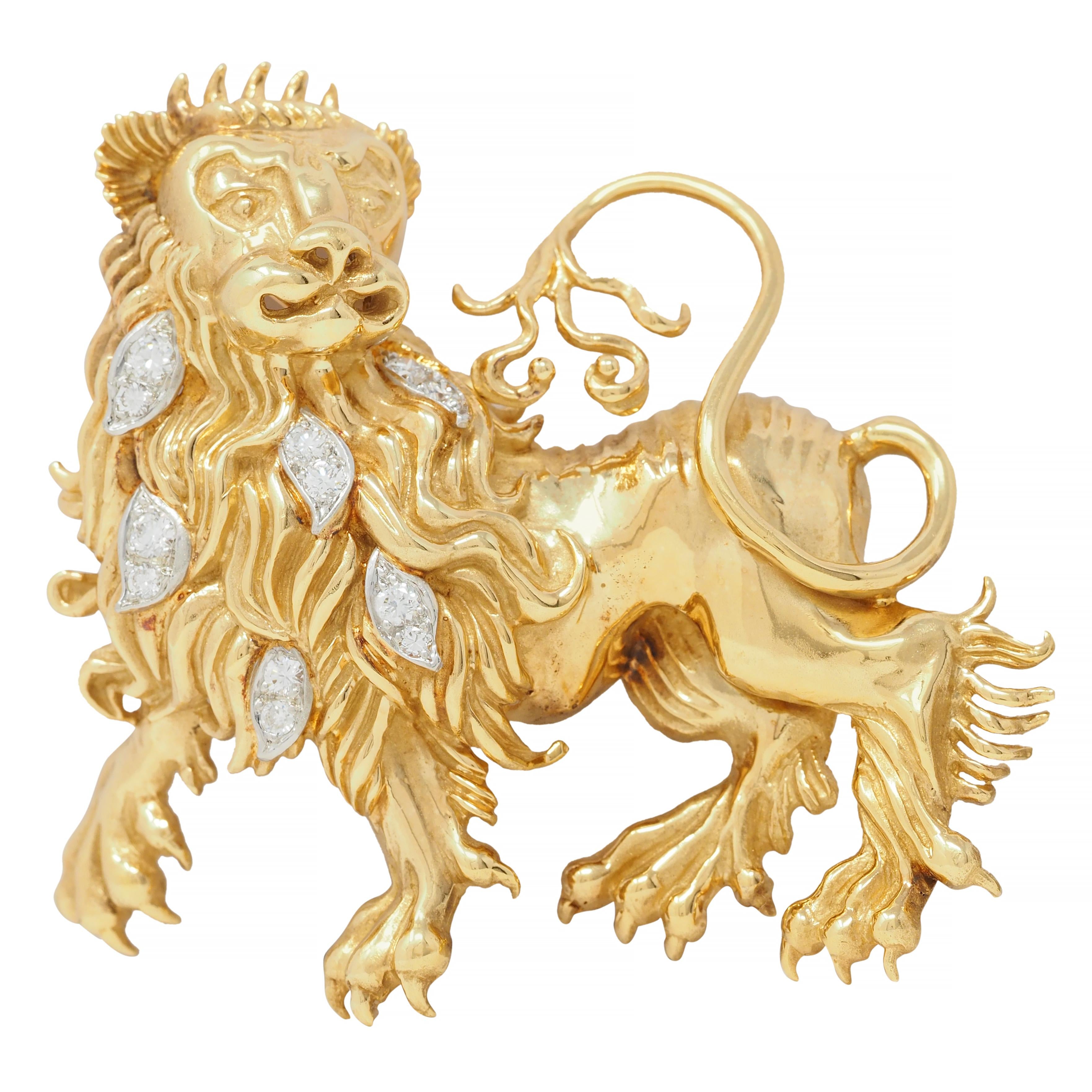 Tiffany & Co. 1960's Large Diamond 18 Karat Gold Platinum Heraldic Lion Brooch