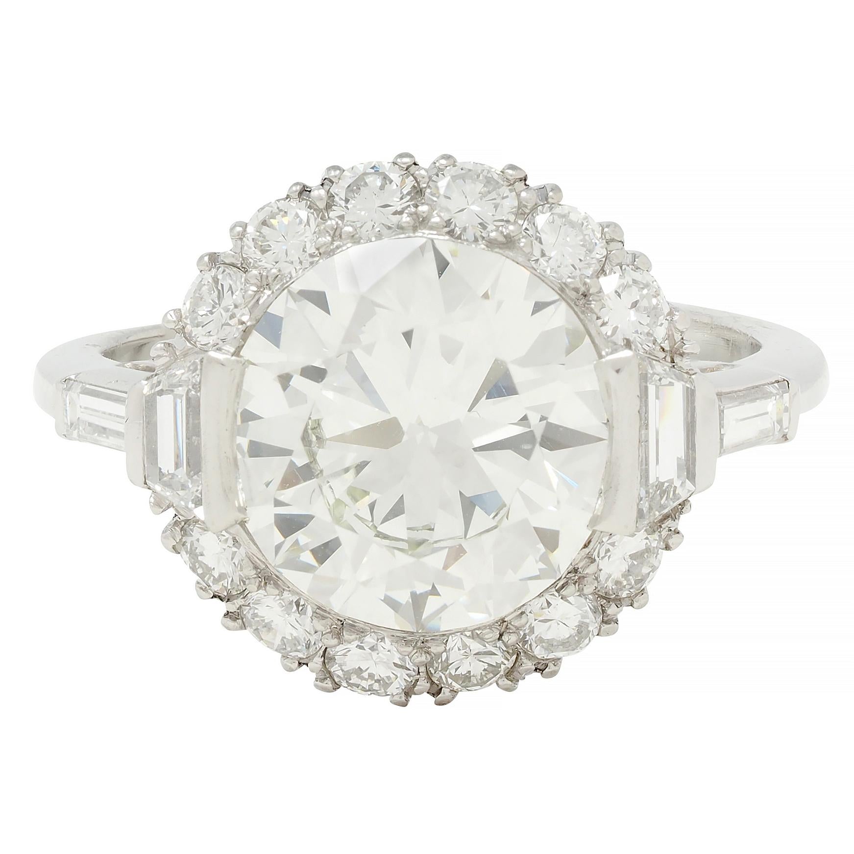 Mid-Century 3.85 CTW European Diamond Platinum Halo Vintage Engagement Ring GIA