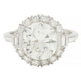 Mid-Century 3.85 CTW European Diamond Platinum Halo Vintage Engagement Ring GIA