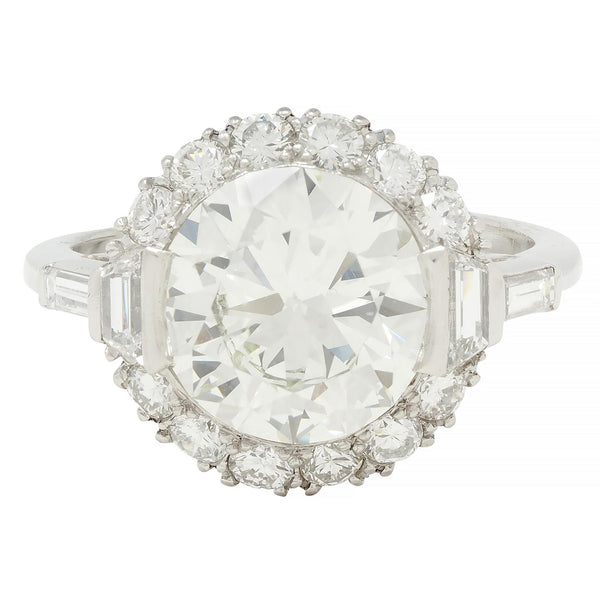 Mid-Century 3.85 CTW European Diamond Platinum Halo Vintage Engagement Ring GIA