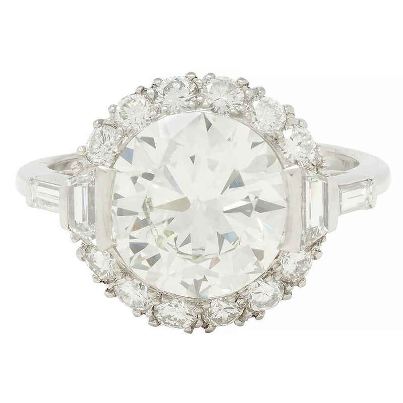 Mid-Century 3.85 CTW European Diamond Platinum Halo Vintage Engagement Ring GIA