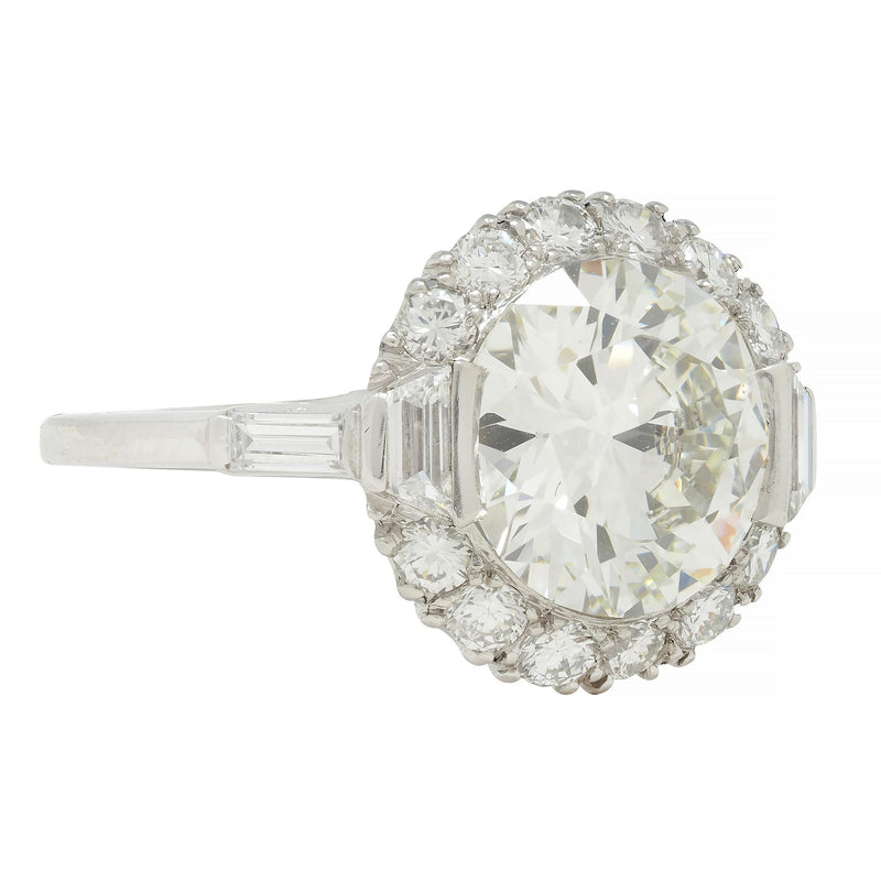 Mid-Century 3.85 CTW European Diamond Platinum Halo Vintage Engagement Ring GIA