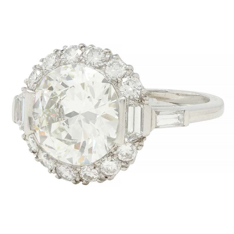 Mid-Century 3.85 CTW European Diamond Platinum Halo Vintage Engagement Ring GIA
