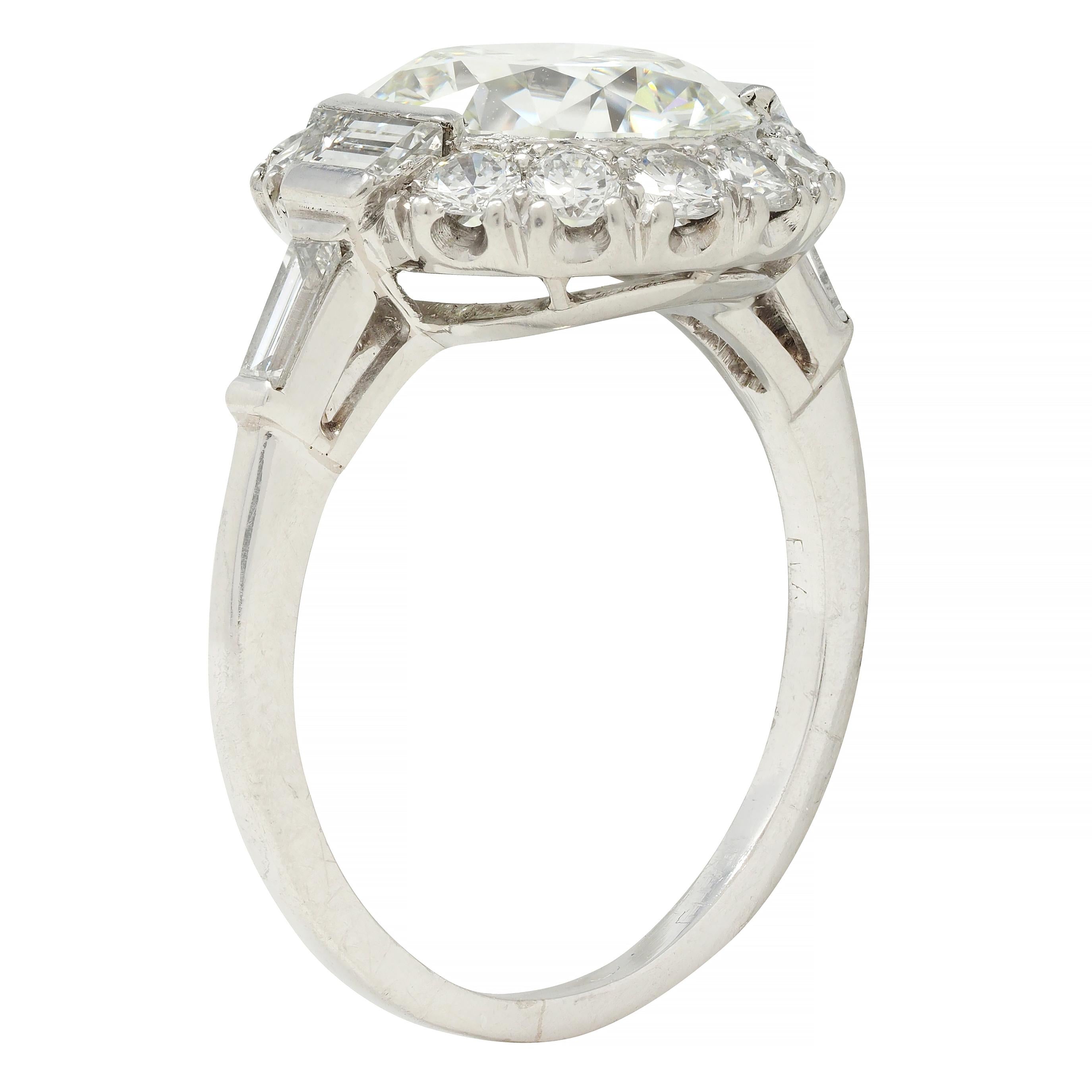 Mid-Century 3.85 CTW European Diamond Platinum Halo Vintage Engagement Ring GIA