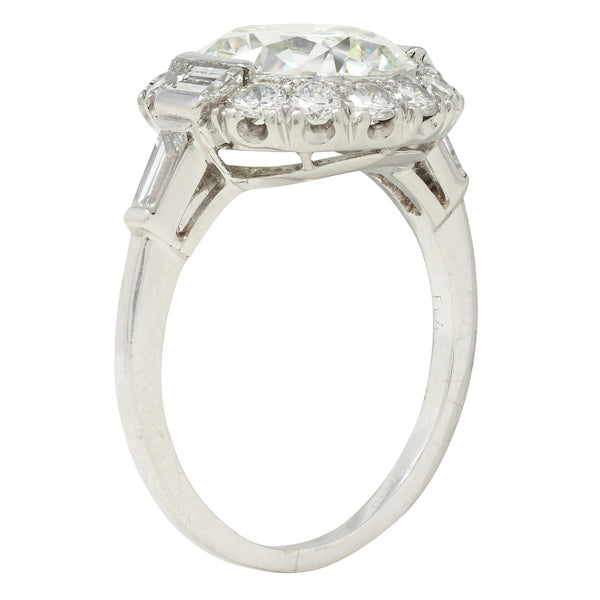 Mid-Century 3.85 CTW European Diamond Platinum Halo Vintage Engagement Ring GIA