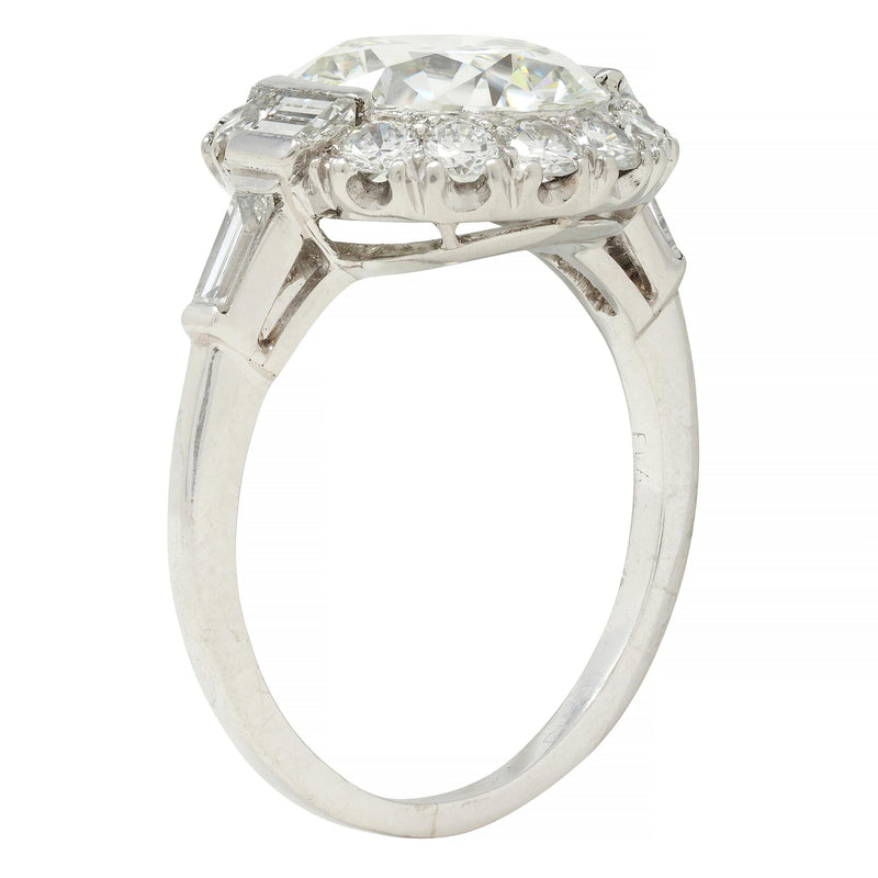 Mid-Century 3.85 CTW European Diamond Platinum Halo Vintage Engagement Ring GIA