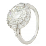 Mid-Century 3.85 CTW European Diamond Platinum Halo Vintage Engagement Ring GIA