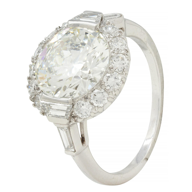 Mid-Century 3.85 CTW European Diamond Platinum Halo Vintage Engagement Ring GIA