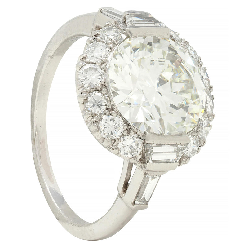 Mid-Century 3.85 CTW European Diamond Platinum Halo Vintage Engagement Ring GIA