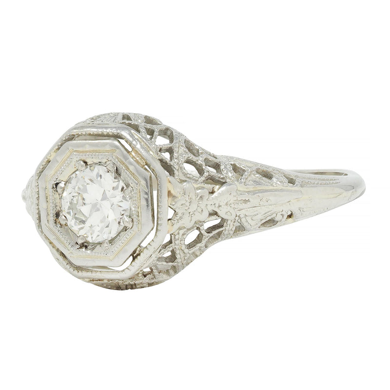 Art Deco 0.31 CTW Old European Cut Diamond 18 Karat Gold Lotus Engagement Ring