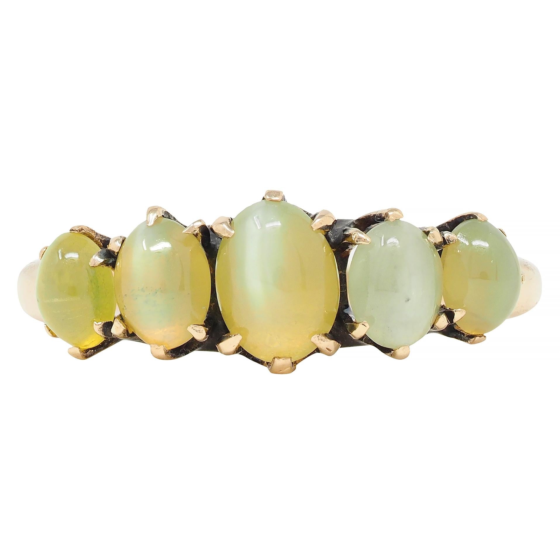 Victorian Cat's Eye Chrysoberyl 14 Karat Gold Five Stone Antique Band Ring