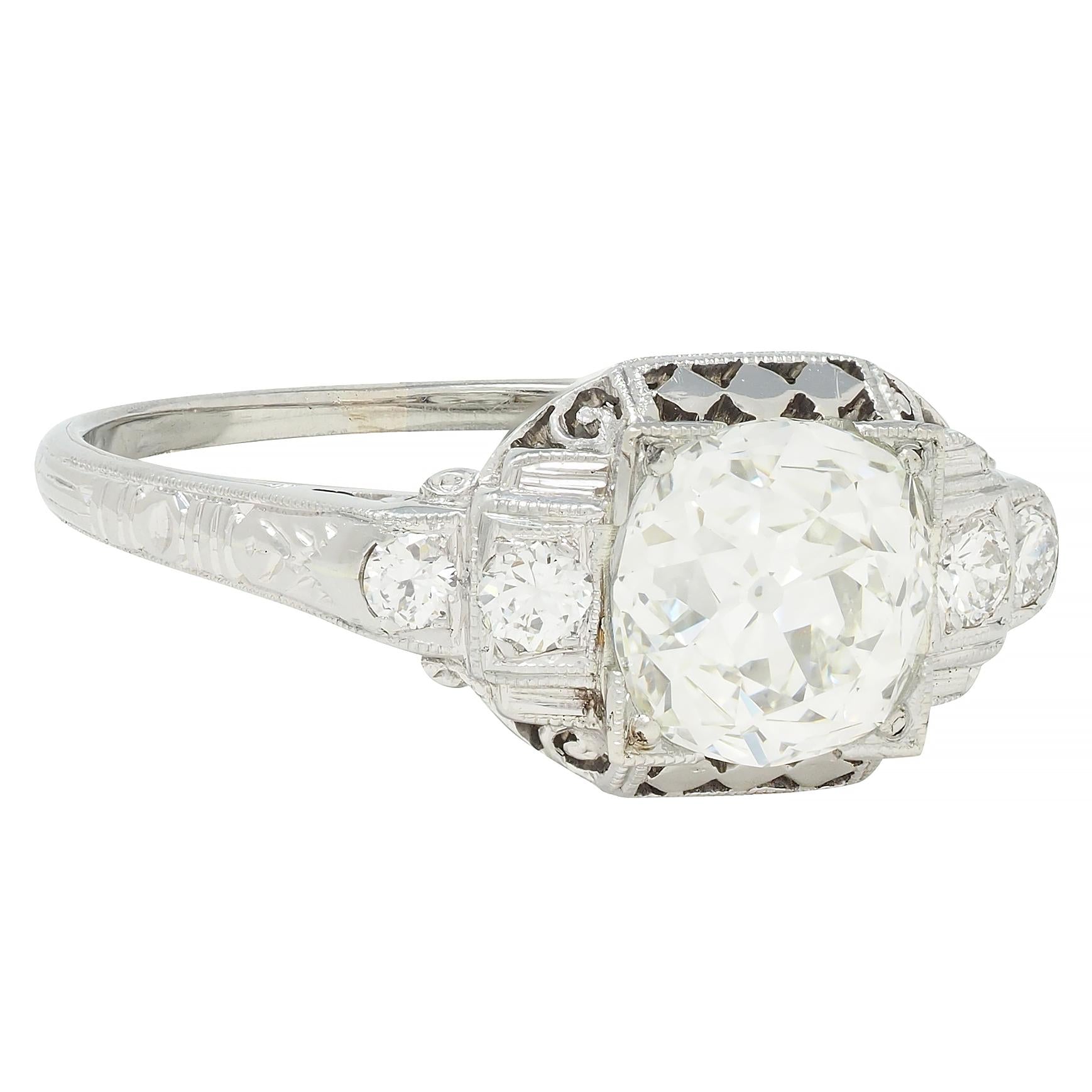Art Deco 1.58 CTW Old Mine Diamond 18 Karat Gold Checkerboard Vintage Ring