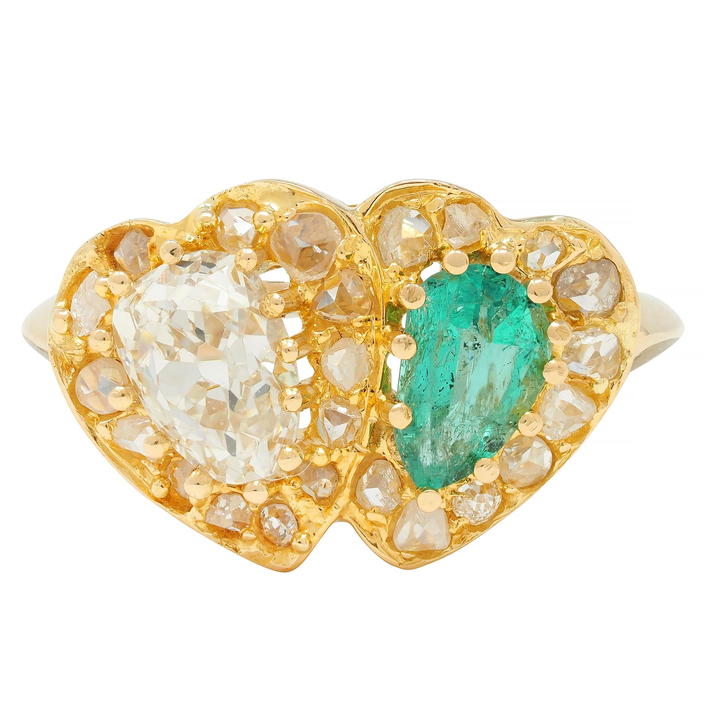 Vintage 1.63 CTW Emerald Diamond 18 Karat Yellow Gold Toi Et Moi Heart Ring