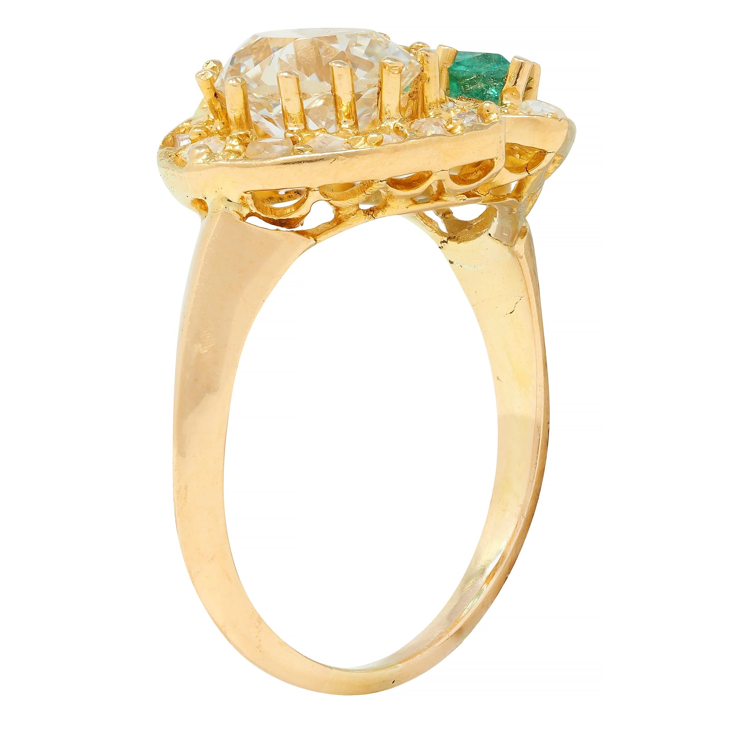 Vintage 1.63 CTW Emerald Diamond 18 Karat Yellow Gold Toi Et Moi Heart Ring
