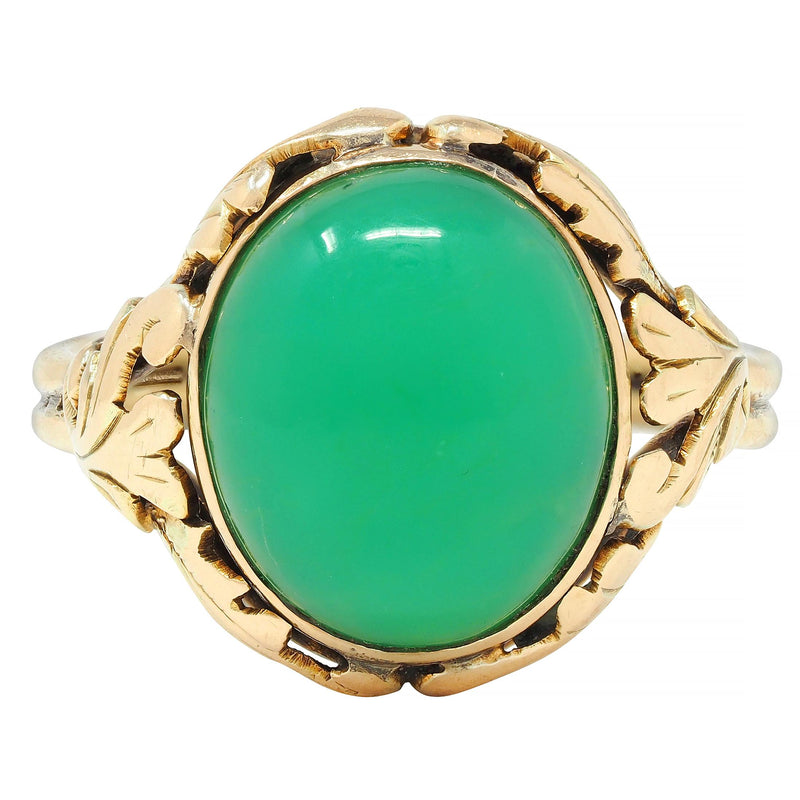 Arts & Crafts Chrysoprase Cabochon 14 Karat Gold Foliate Floral Antique Ring