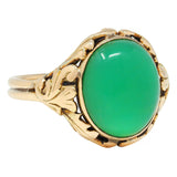 Arts & Crafts Chrysoprase Cabochon 14 Karat Gold Foliate Floral Antique Ring