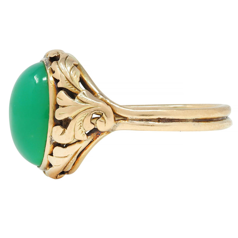 Arts & Crafts Chrysoprase Cabochon 14 Karat Gold Foliate Floral Antique Ring