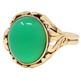 Arts & Crafts Chrysoprase Cabochon 14 Karat Gold Foliate Floral Antique Ring