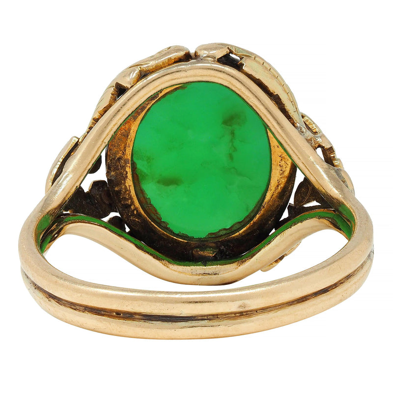 Arts & Crafts Chrysoprase Cabochon 14 Karat Gold Foliate Floral Antique Ring