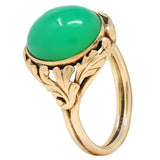 Arts & Crafts Chrysoprase Cabochon 14 Karat Gold Foliate Floral Antique Ring