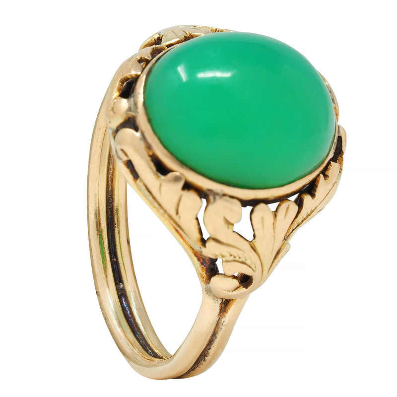 Arts & Crafts Chrysoprase Cabochon 14 Karat Gold Foliate Floral Antique Ring